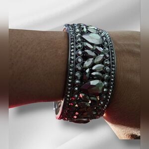 Crystal Embellished Gunmetal Cuff Bracelet - Women Jewelry